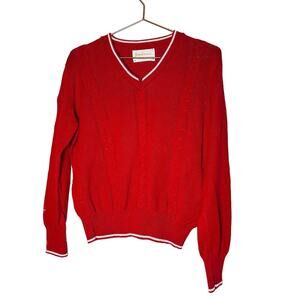 Vintage JANTZEN 1950s Red White Varsity V-Neckline Long Sleeve Sweater Size XL